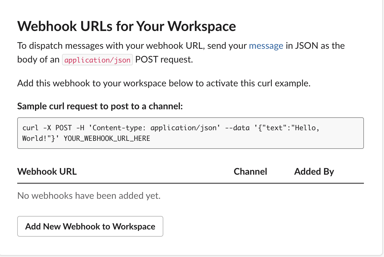 Slack Incoming Webhooks status showing the feature enabled