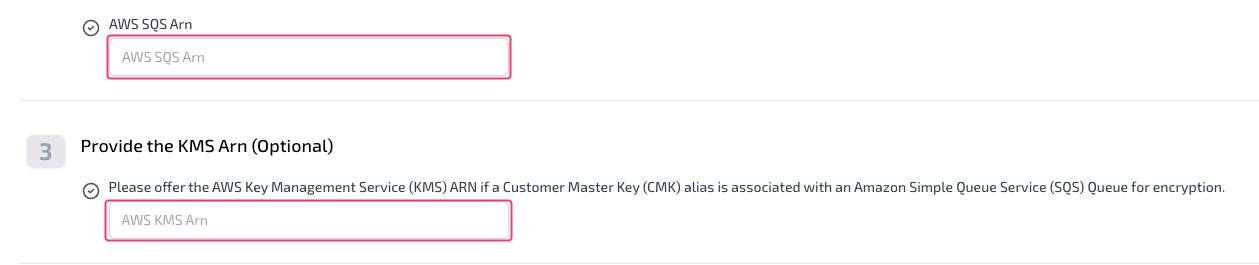 Plerion platform showing ARN fields for SQS and KMS