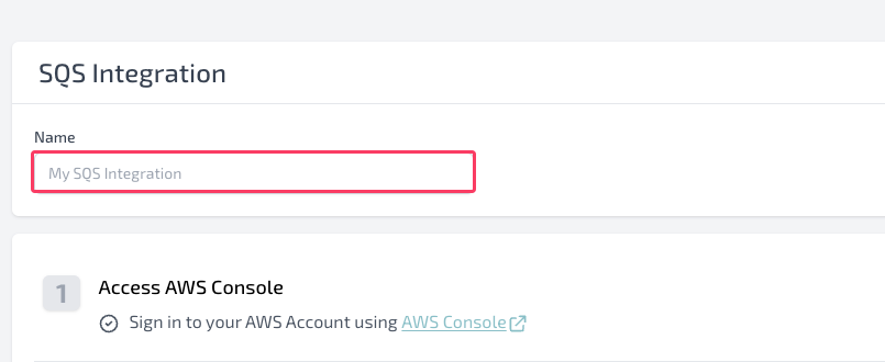 Connect Amazon SQS page showing Integration name field