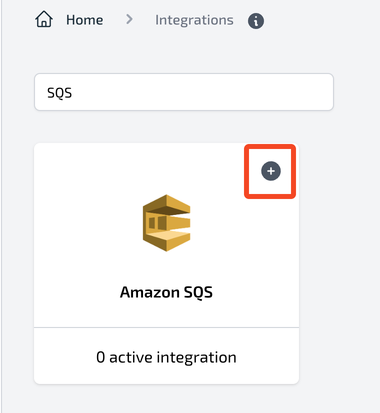 Integrations page with Amazon SQS option and plus button