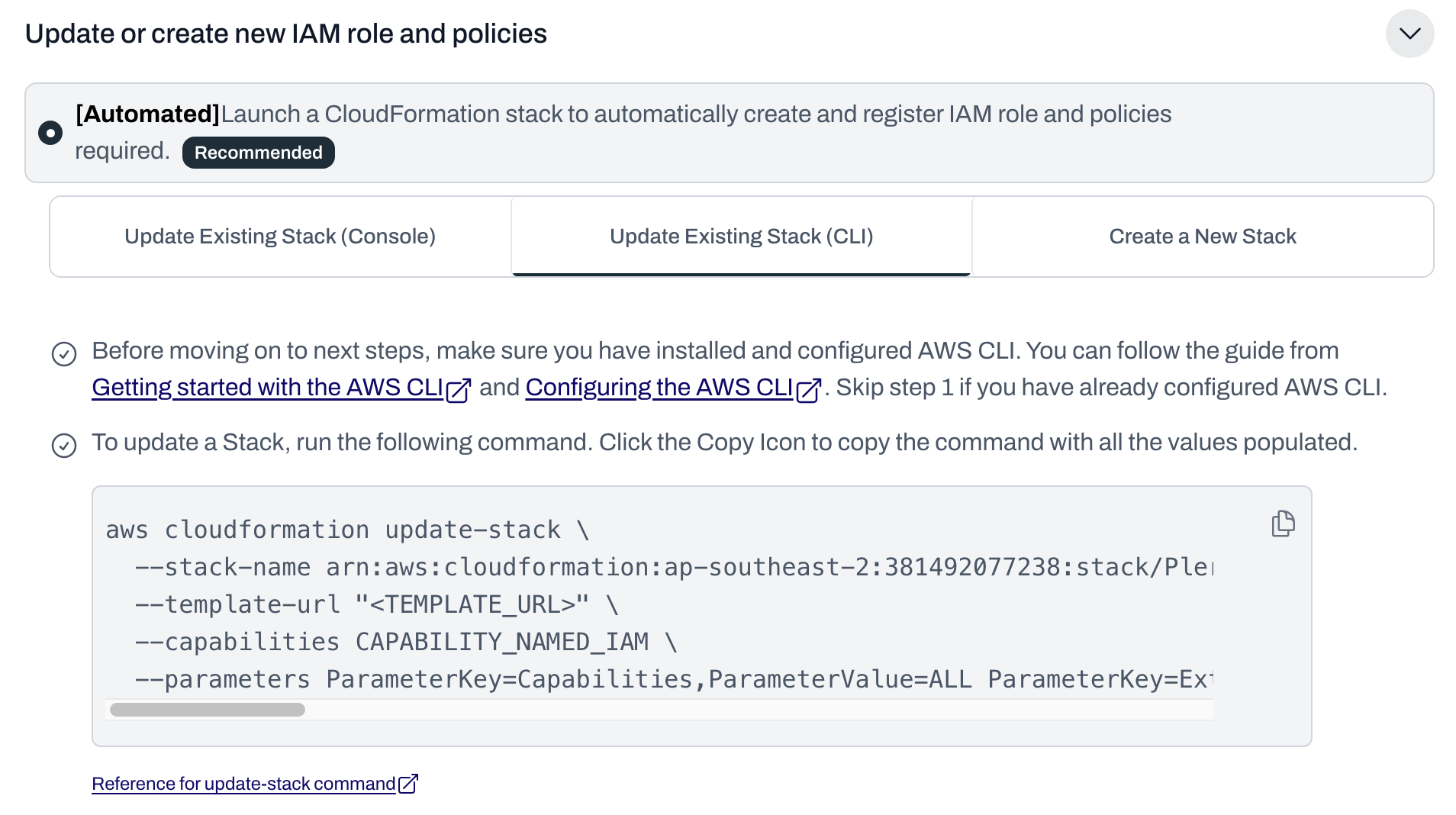 Updating the existing stack using the CLI command