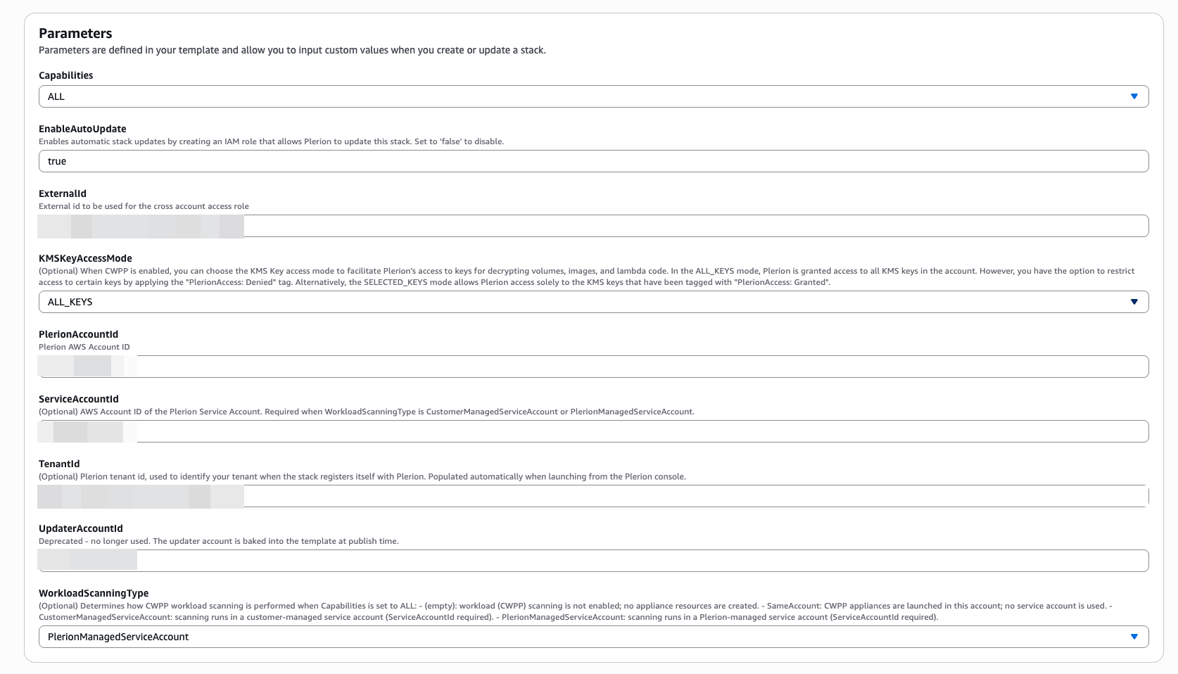 AWS CloudFormation Quick create stack page with default parameters and capabilities acknowledged