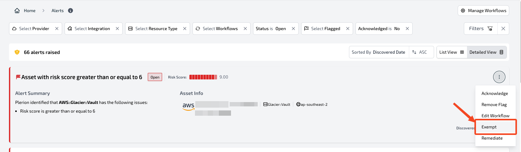 Exempt alert configuration screen