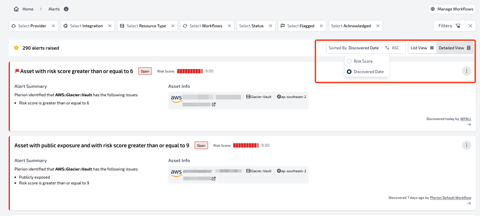 Alerts dashboard list view with sorting options