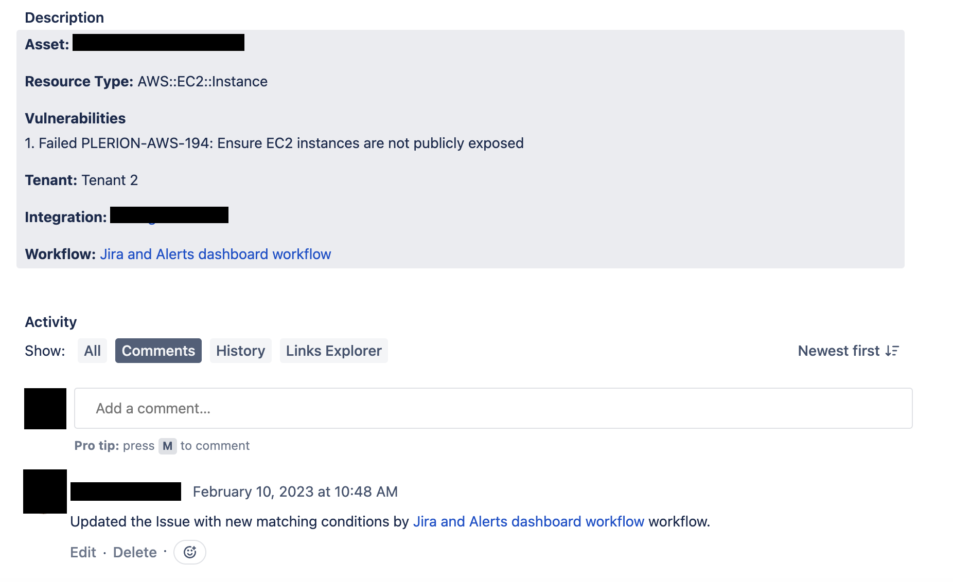 Updated Jira ticket with comment
