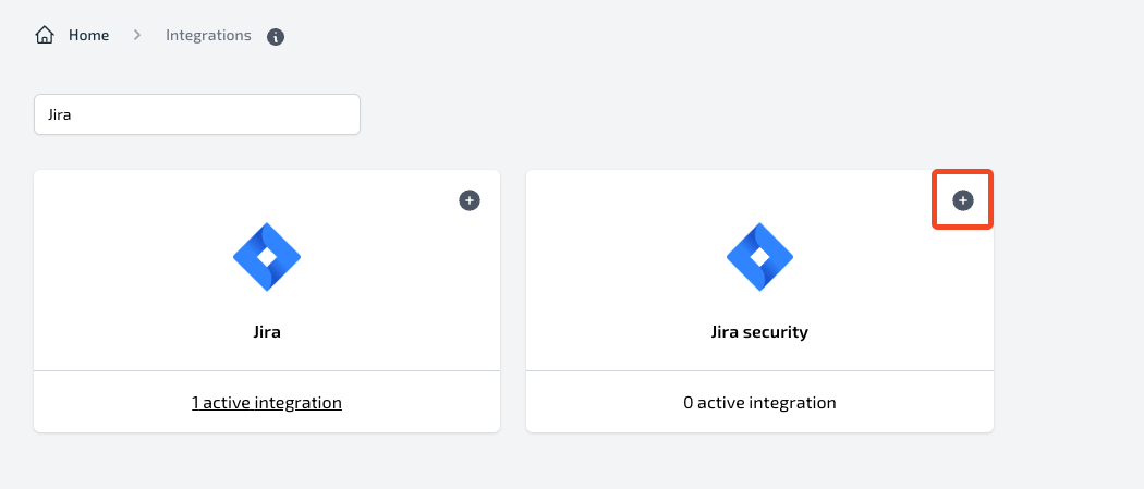 Integrations page with Jira Security option and plus button to add integration