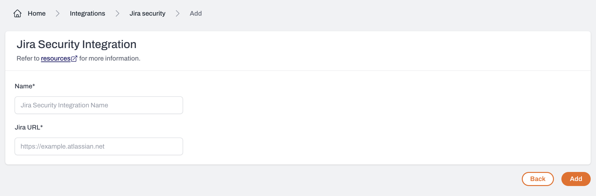 Jira Security integration setup page with fields for name and Jira URL