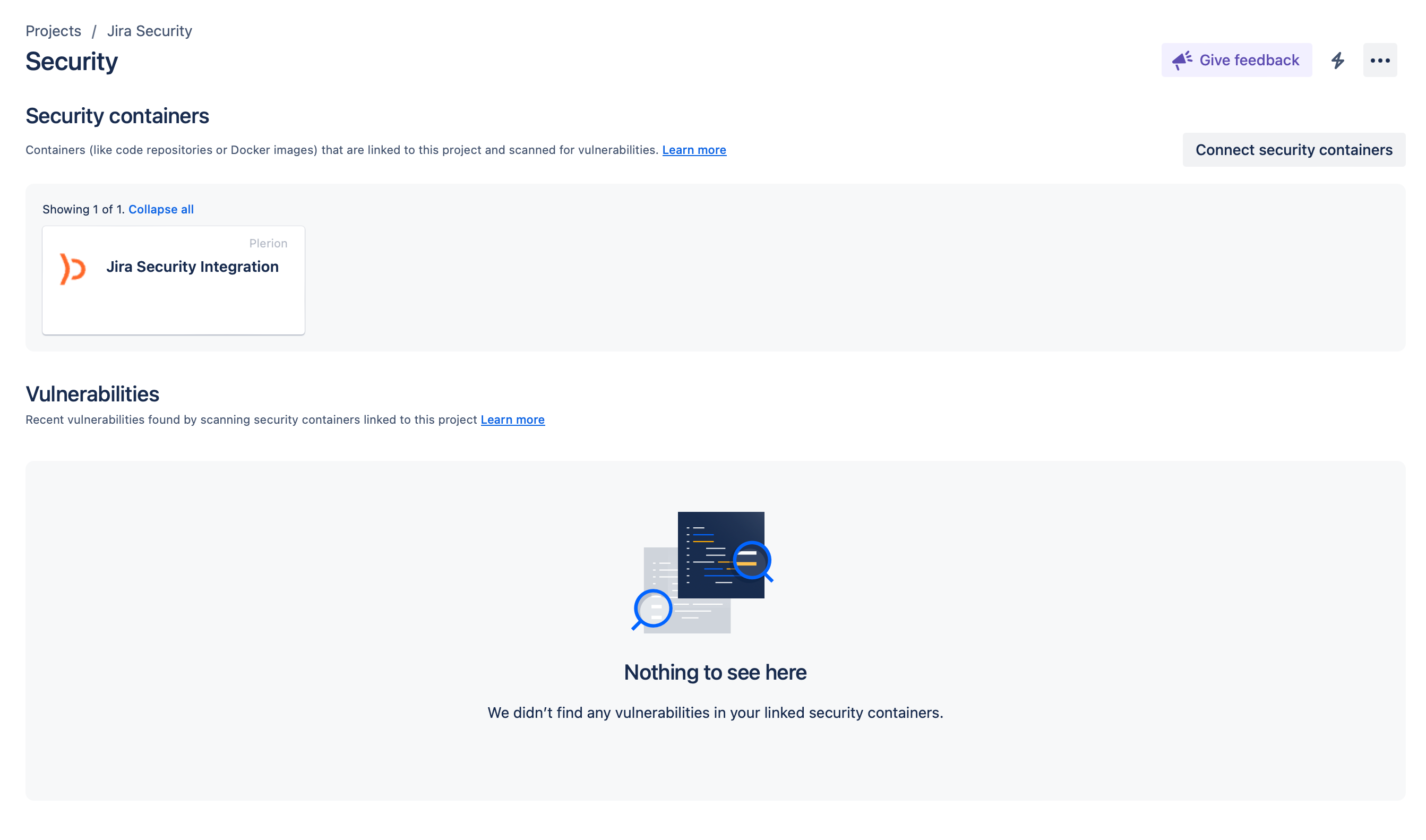 Jira Security page showing connected container