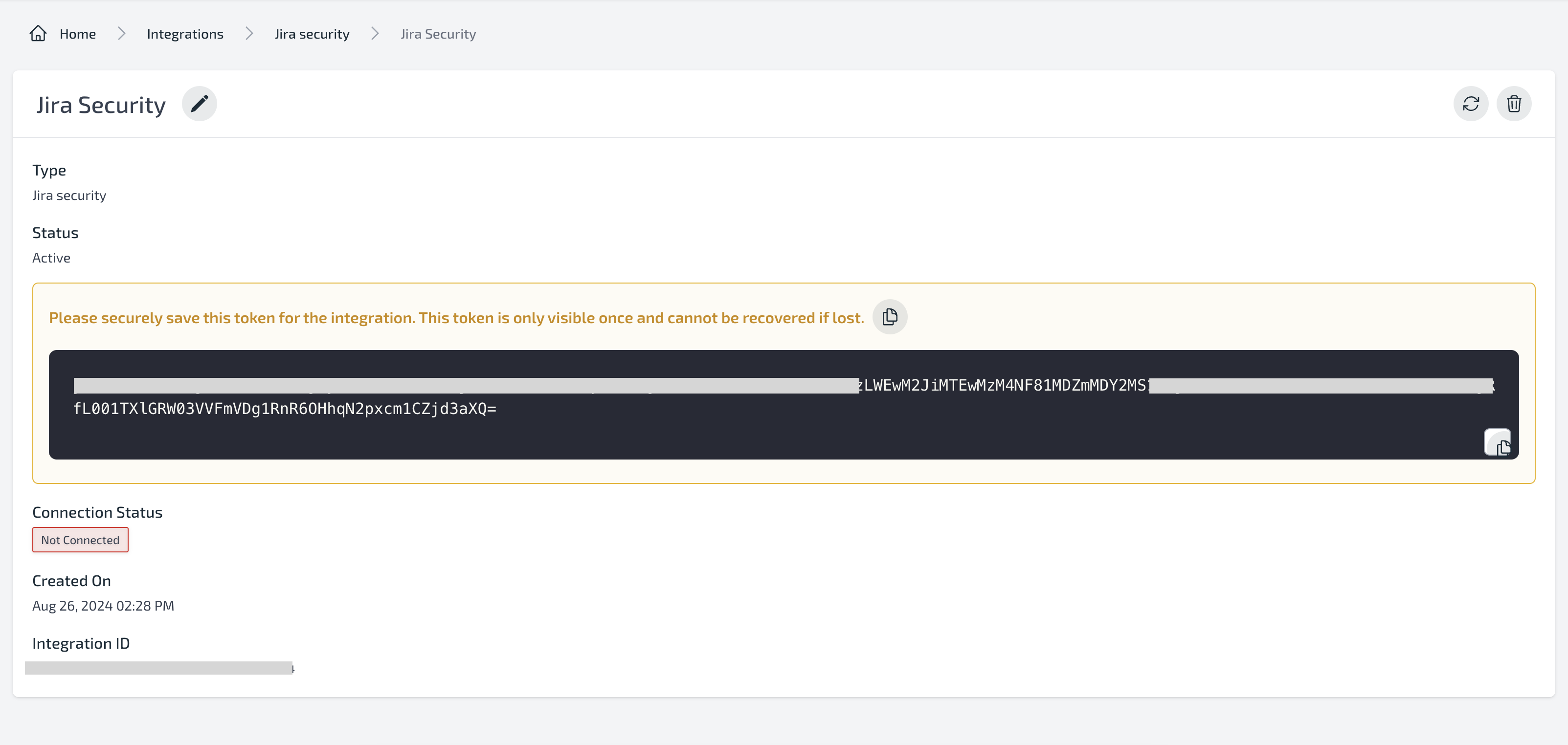 Integration detail page showing generated token