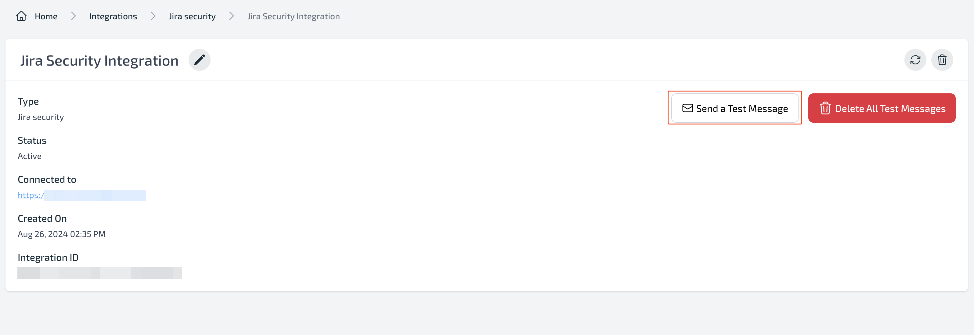 Integration detail page showing connection to Jira URL