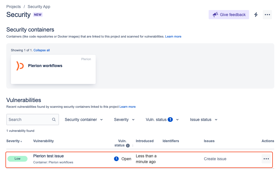 Jira Security interface with test message from Plerion
