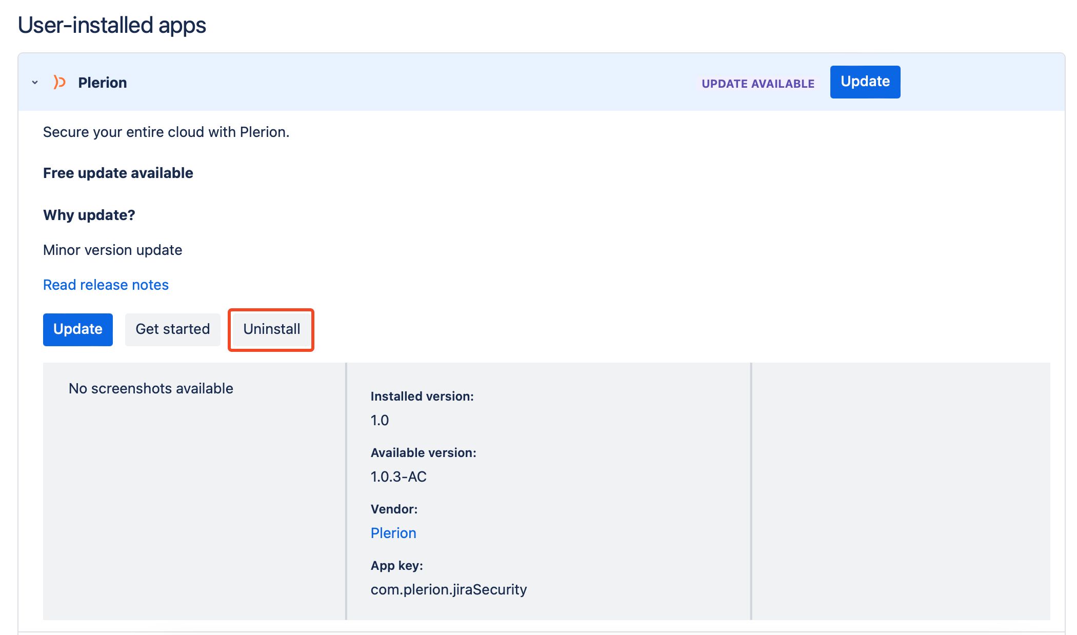 Manage Apps page in Jira showing Plerion app with Uninstall option