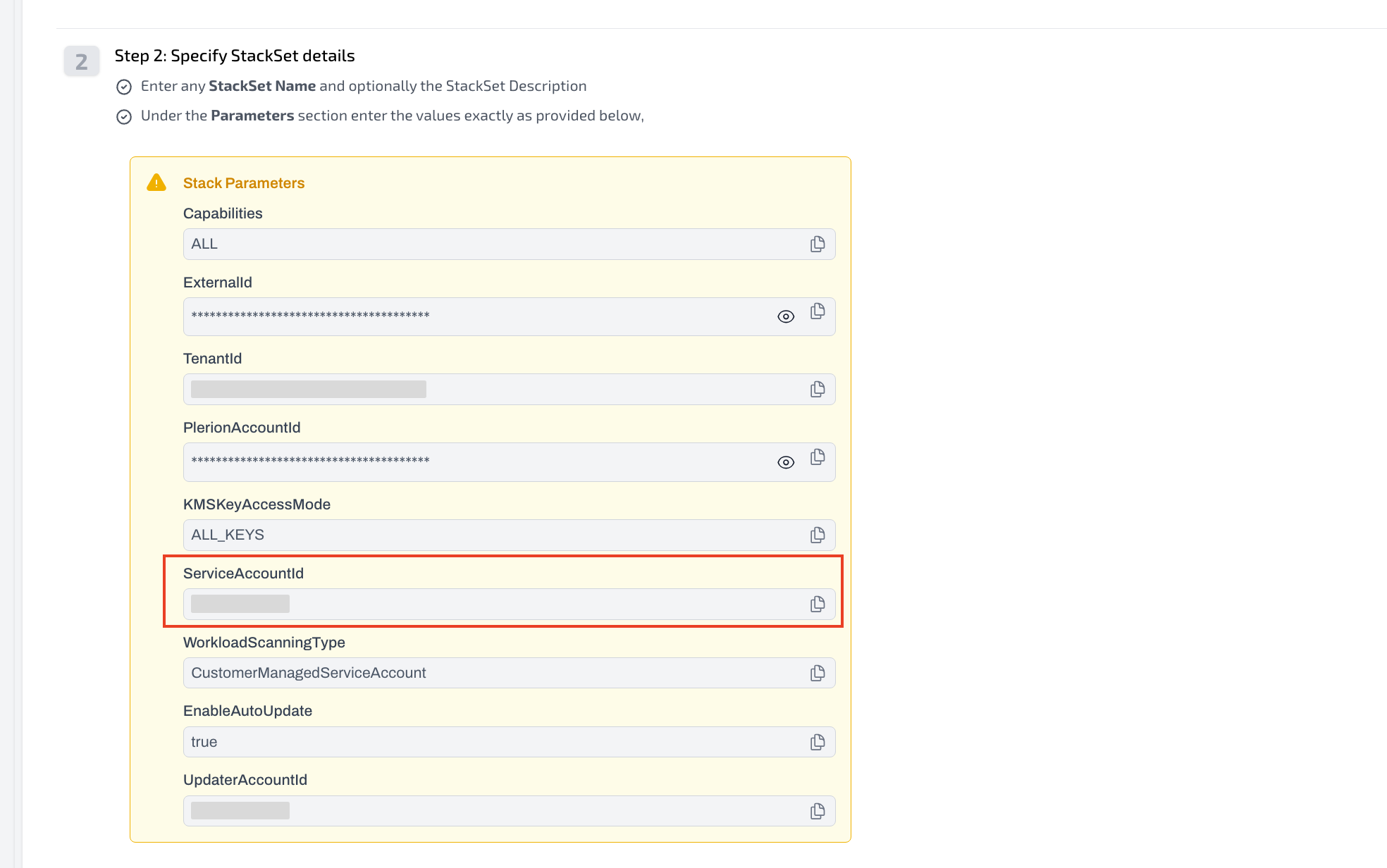 ServiceAccountId parameter reference in Plerion guide