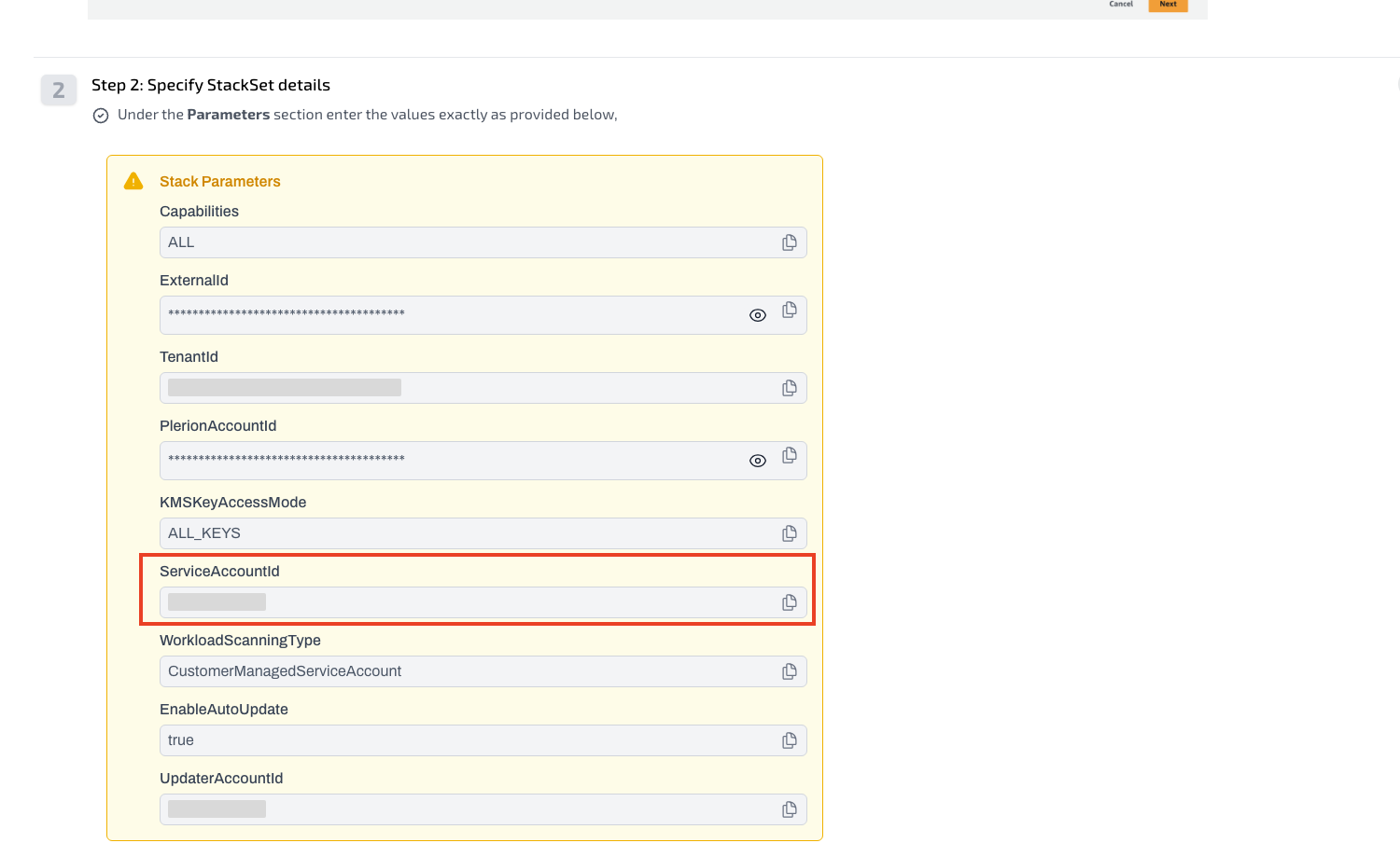 ServiceAccountId parameter in update guide