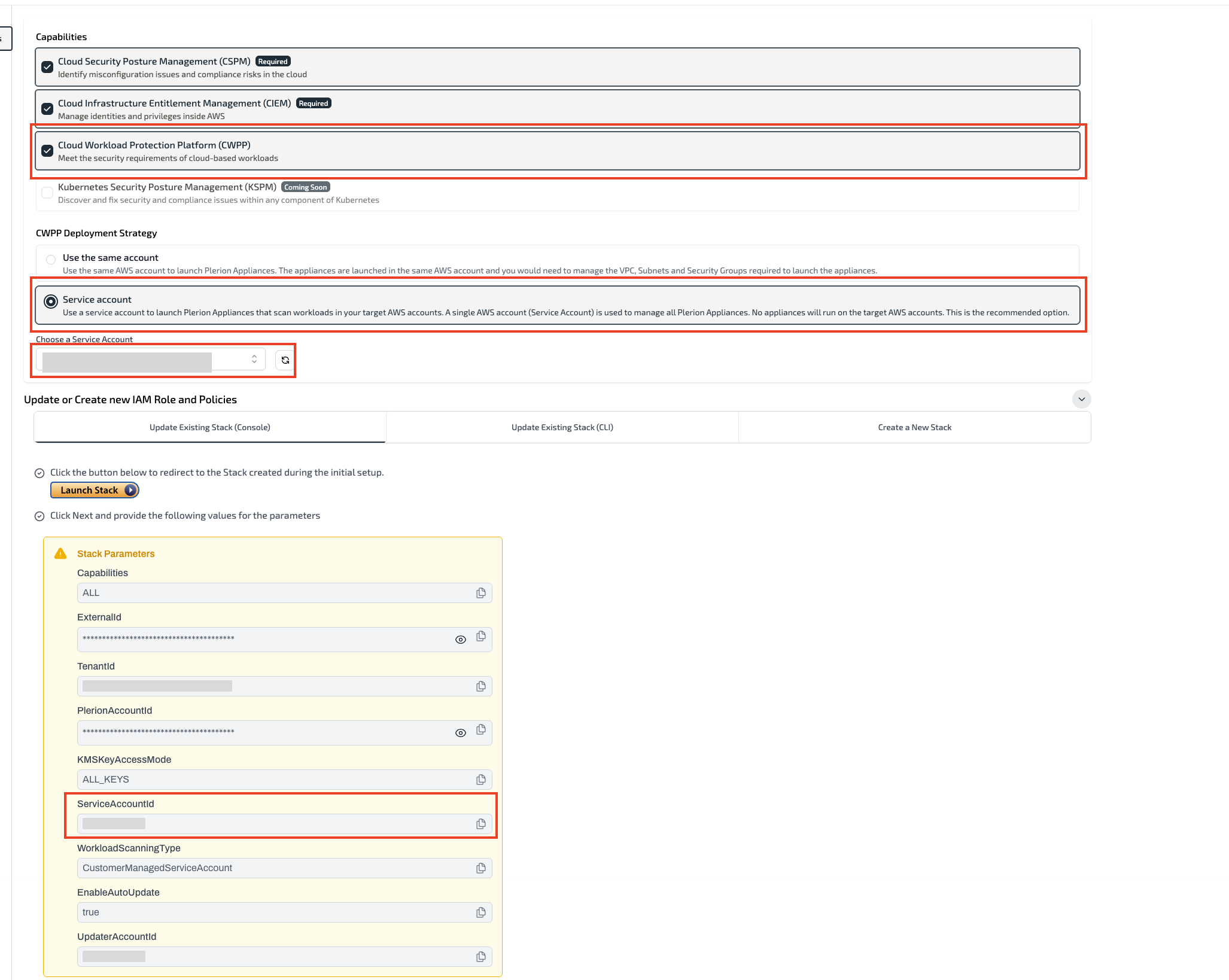 Select Service account for CWPP in single-account update