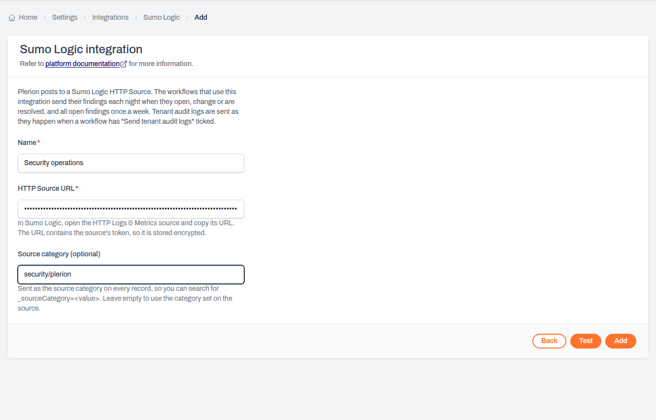 Sumo Logic integration form with the name, HTTP Source URL and source category filled in