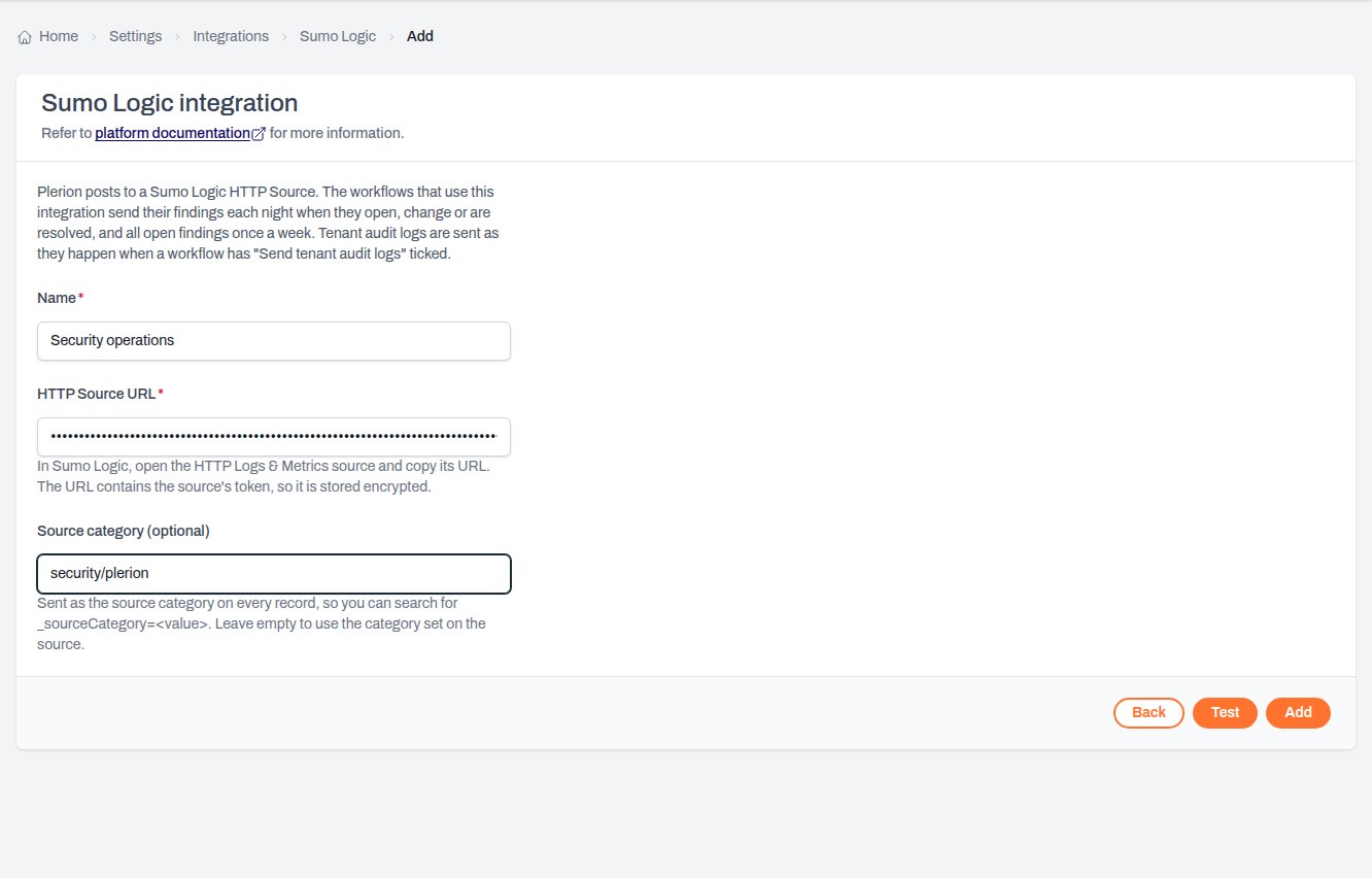 Sumo Logic integration form with the name, HTTP Source URL and source category filled in