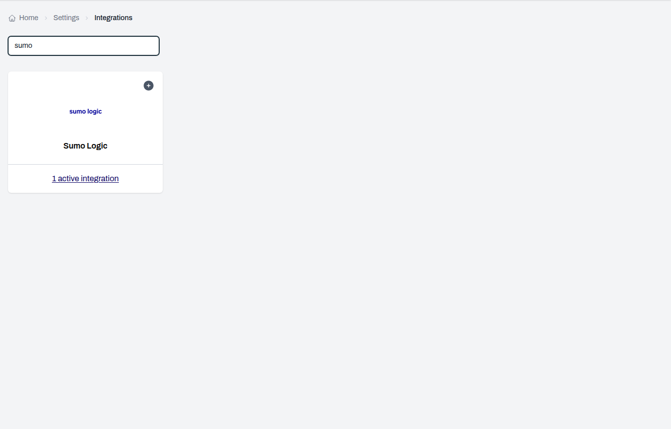 Integrations page filtered to the Sumo Logic card with its plus button