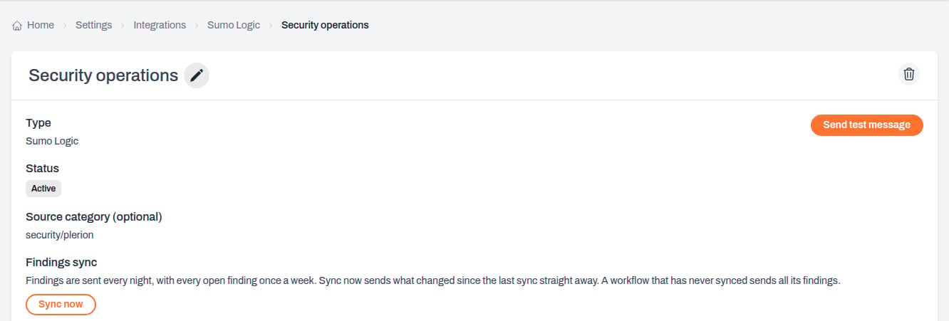 Sumo Logic integration page showing status, source category, the Findings sync section and the Send test message button