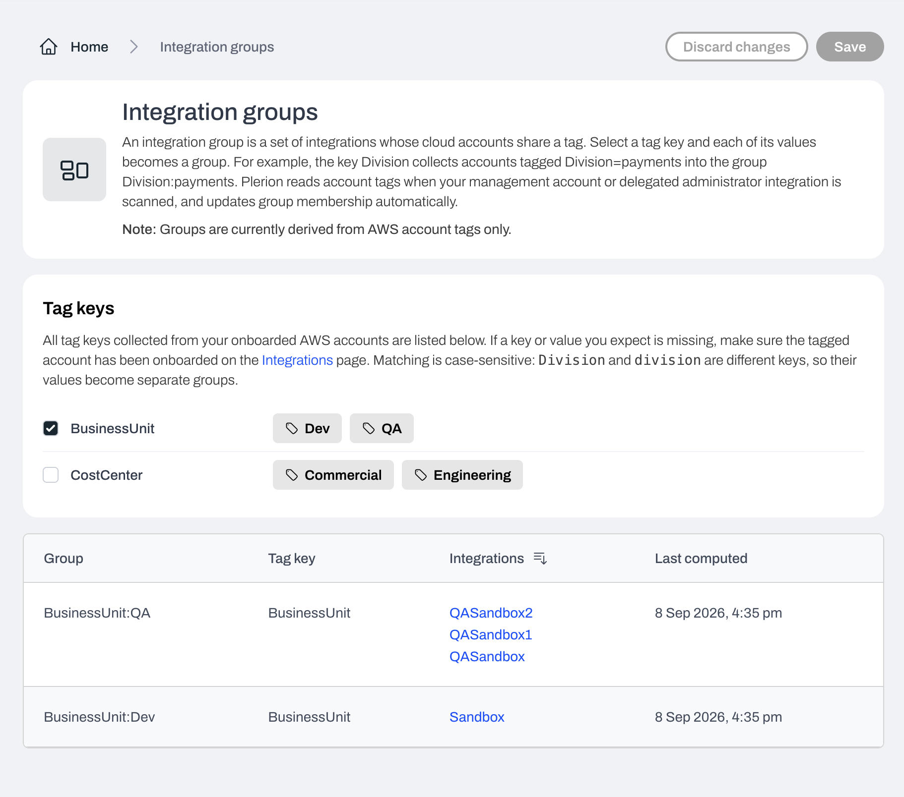 Integration groups settings page with the tag keys card and the groups table