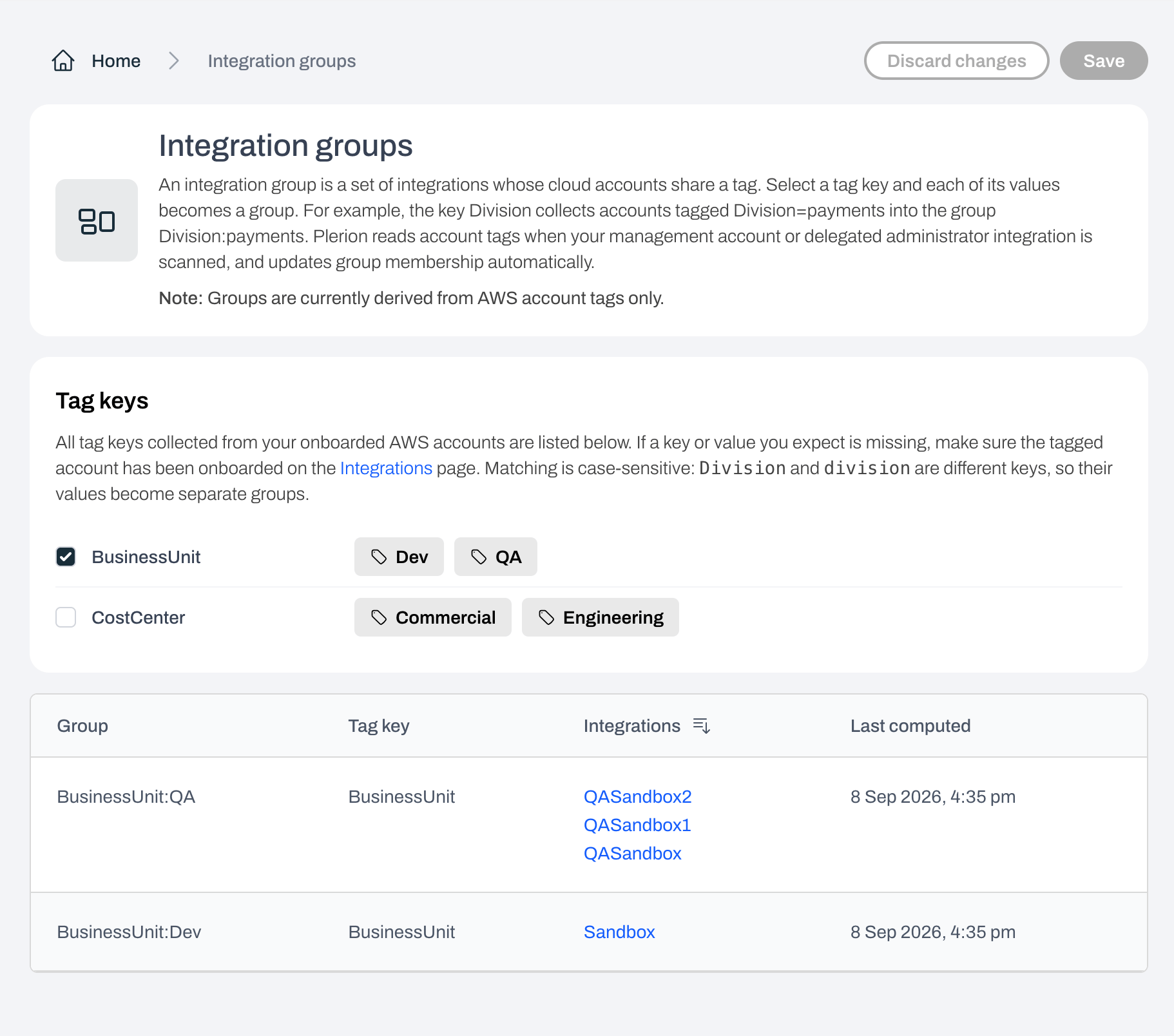 Integration groups settings page with the tag keys card and the groups table