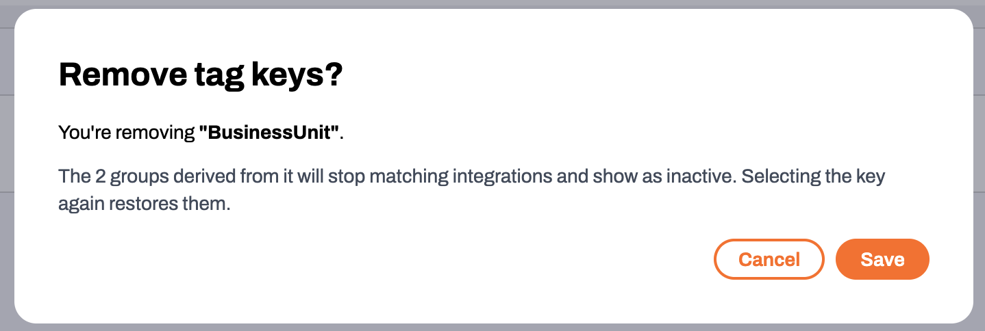 Remove tag keys confirmation modal listing the affected groups