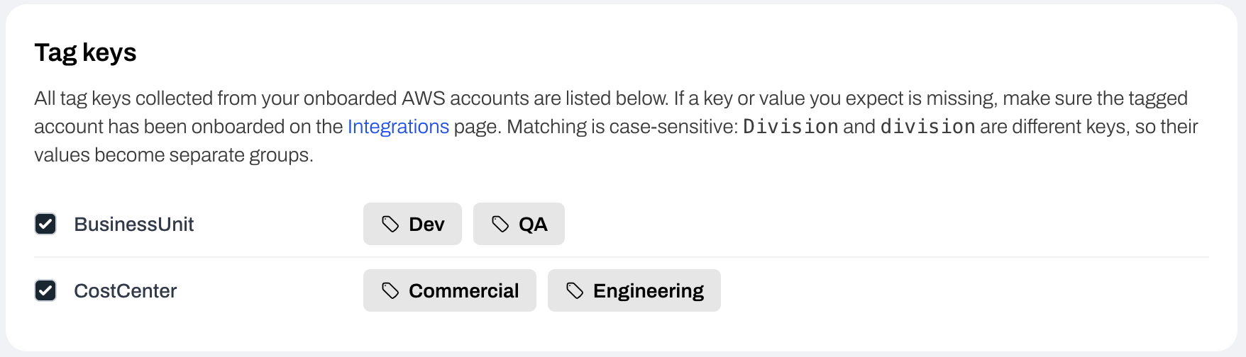 Tag keys card showing discovered keys with their tag values