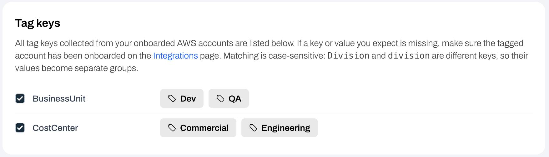 Tag keys card showing discovered keys with their tag values