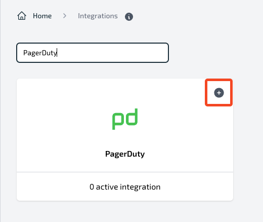 Plerion Integrations page showing the PagerDuty tile with a plus button to add the integration