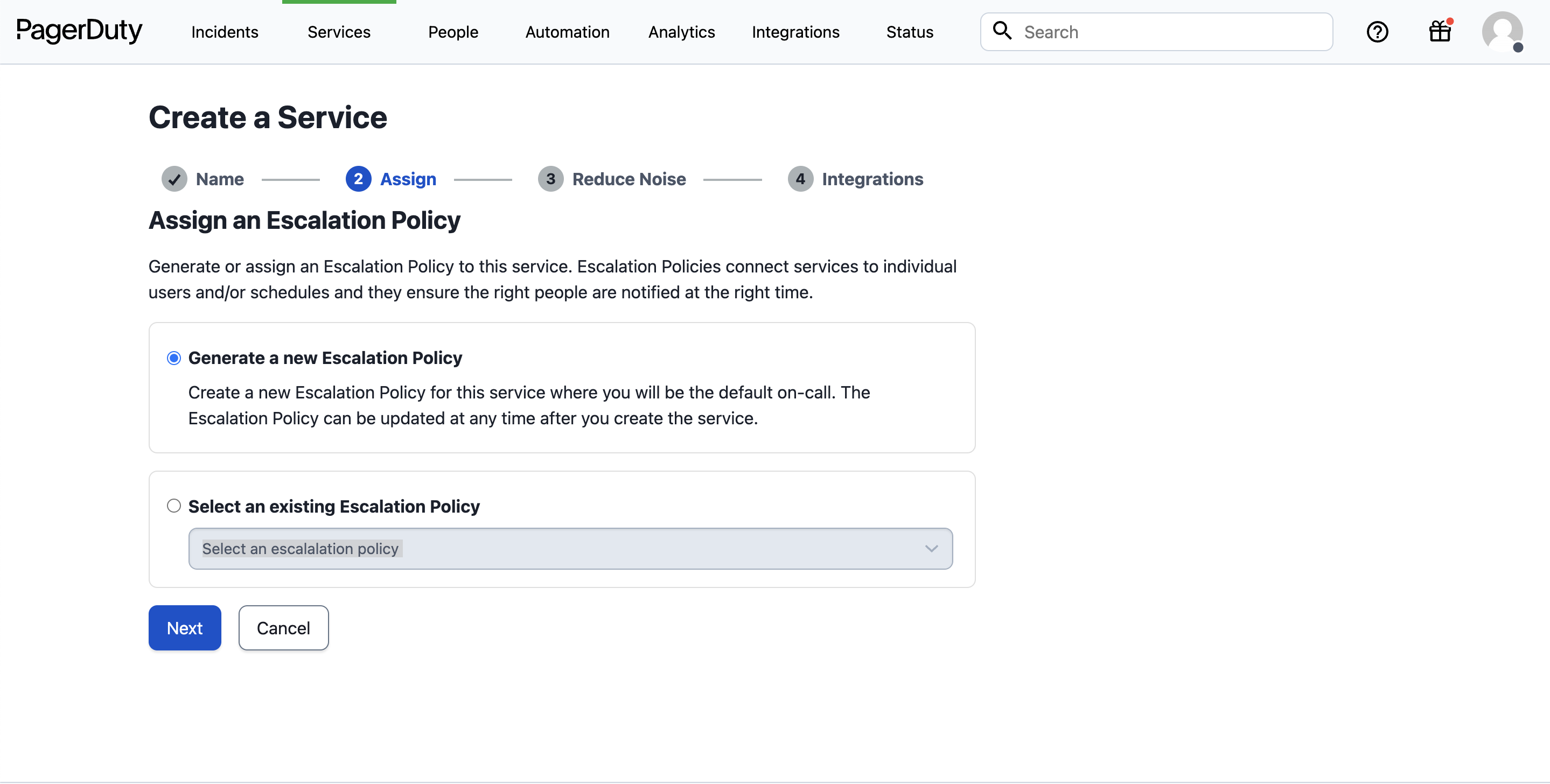 PagerDuty Assign step showing options to generate or select an escalation policy