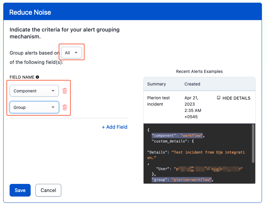 PagerDuty content-based grouping setup with Component and Group fields selected