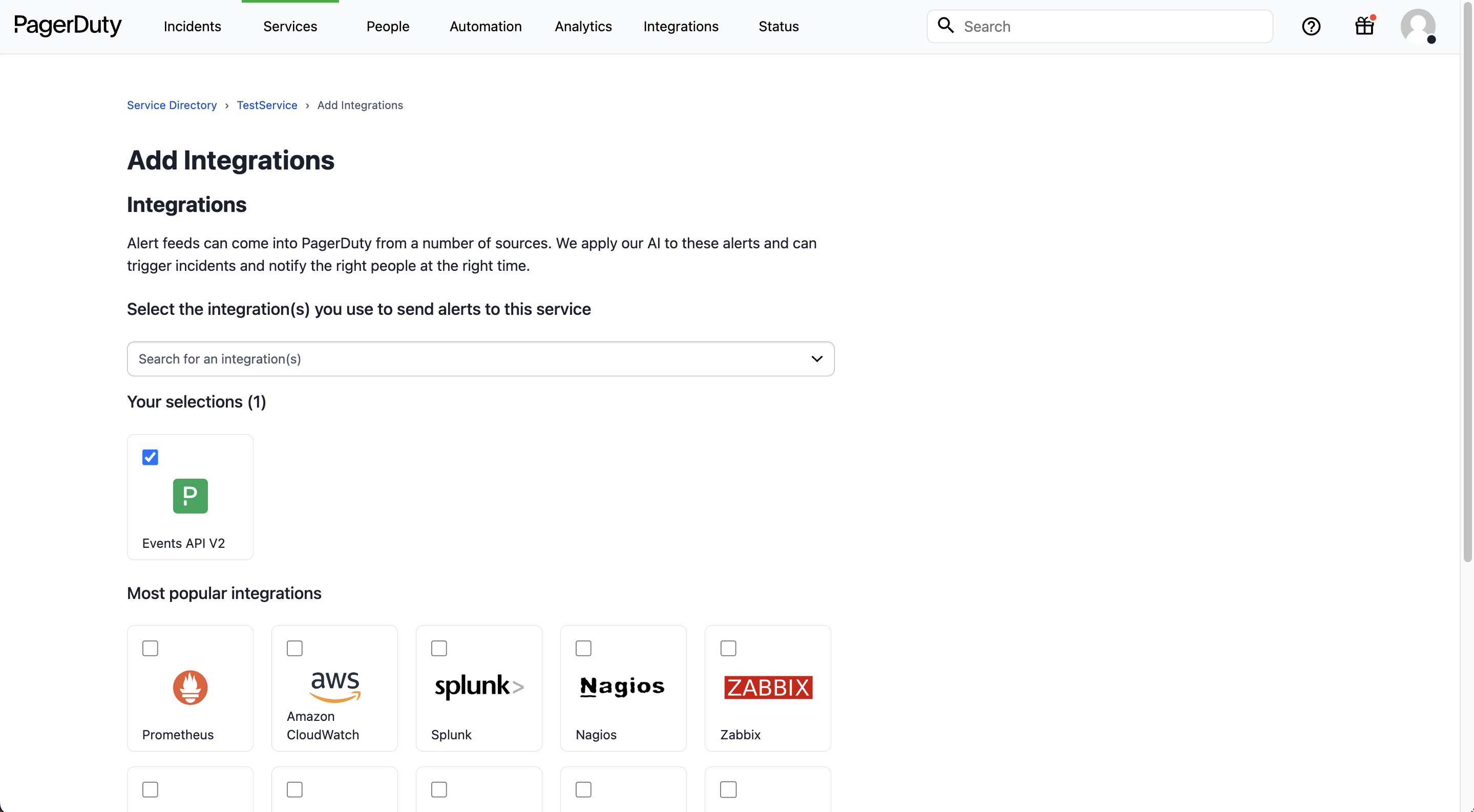 PagerDuty Integrations tab for an existing service showing Add another integration and Events API v2 selected
