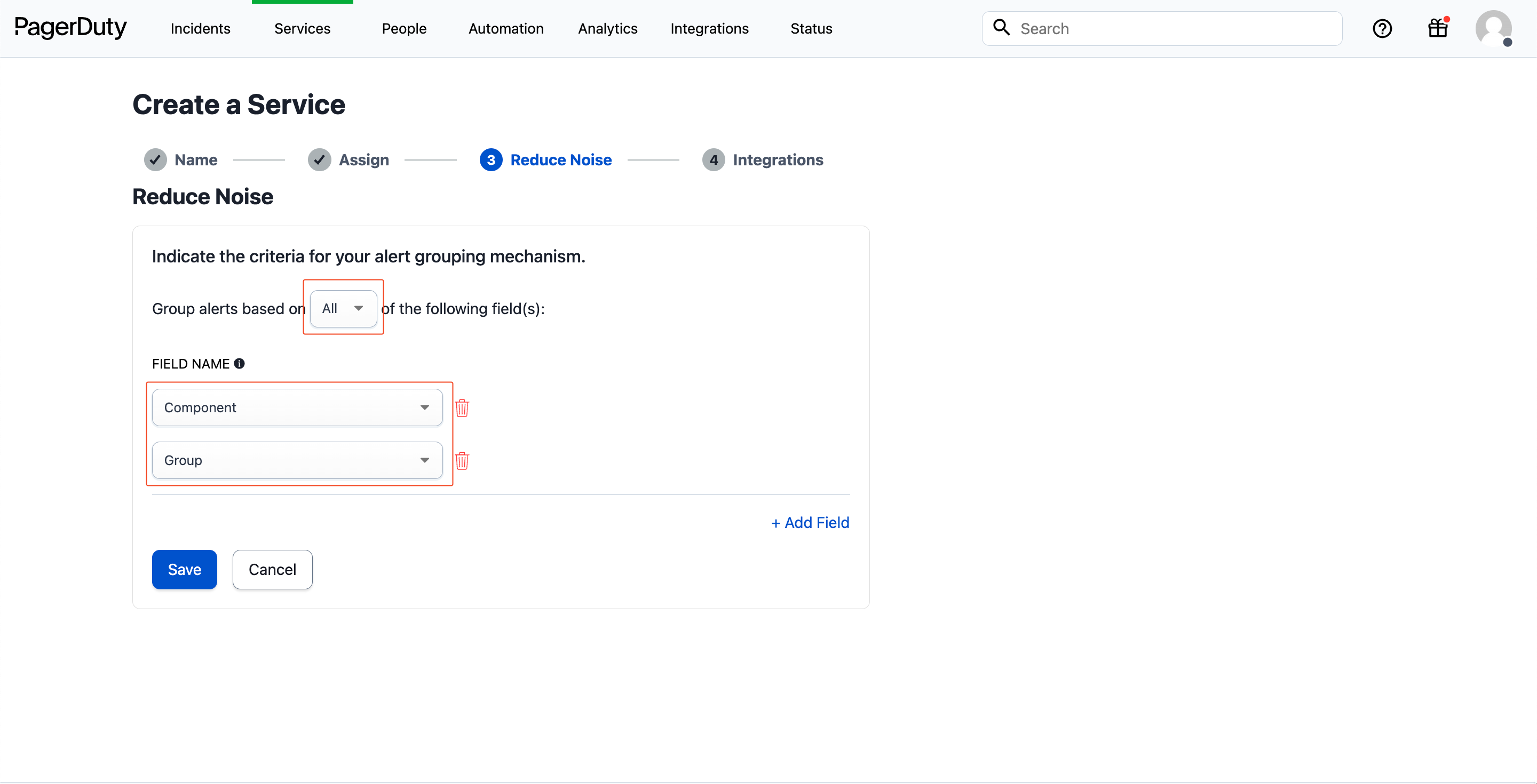 PagerDuty Create grouping dialog with fields set to Component and Group