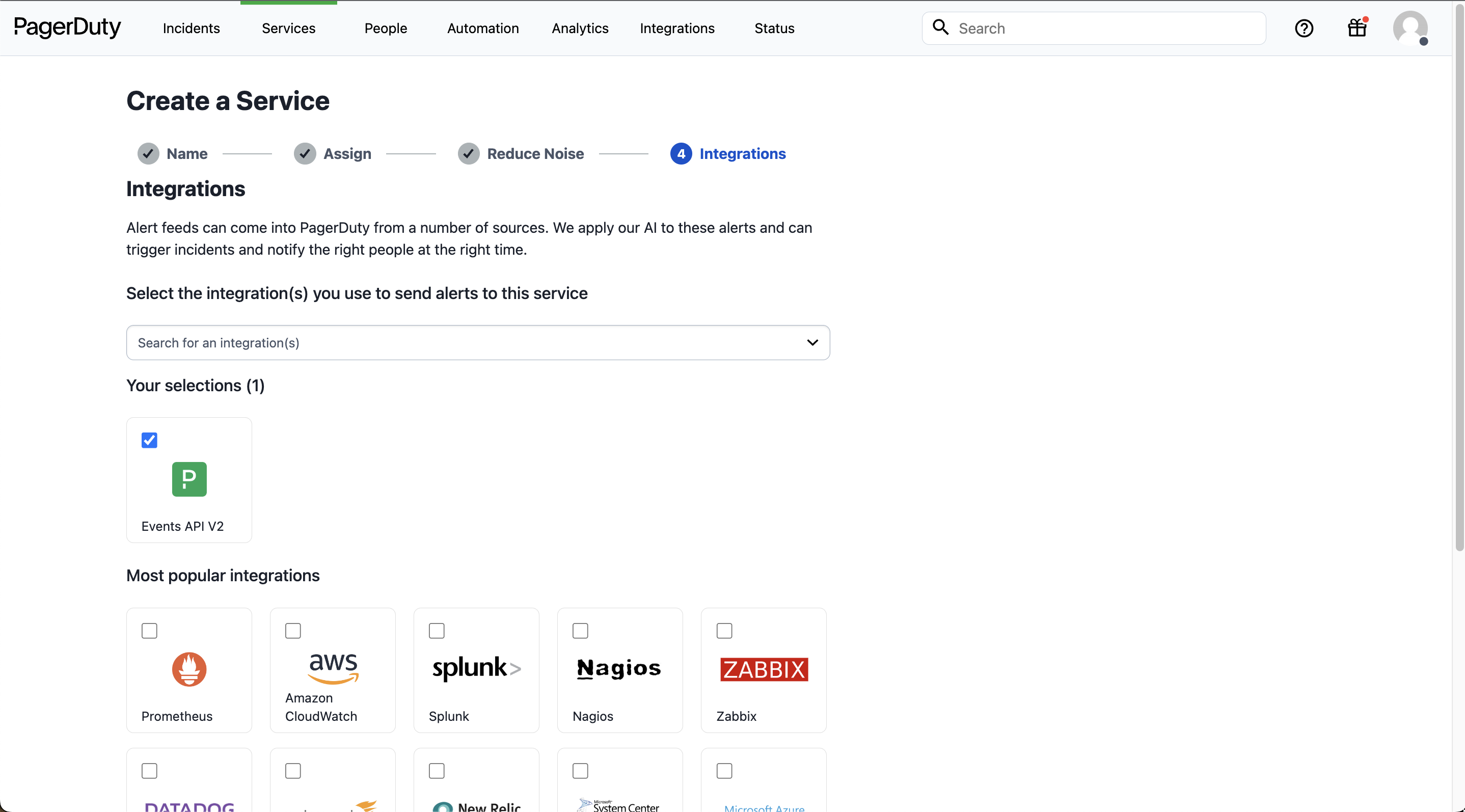 PagerDuty Integrations step highlighting Events API v2 selection