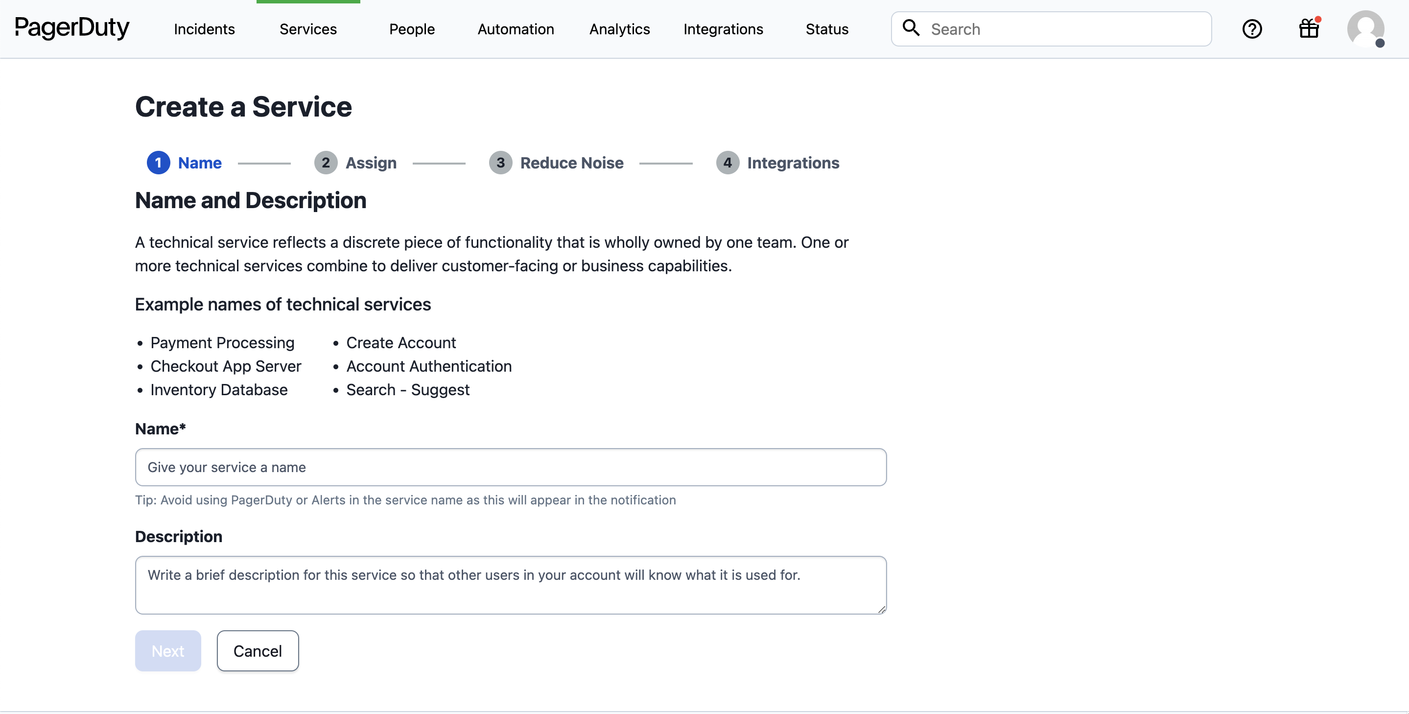 PagerDuty service creation screen showing fields for Name and Description