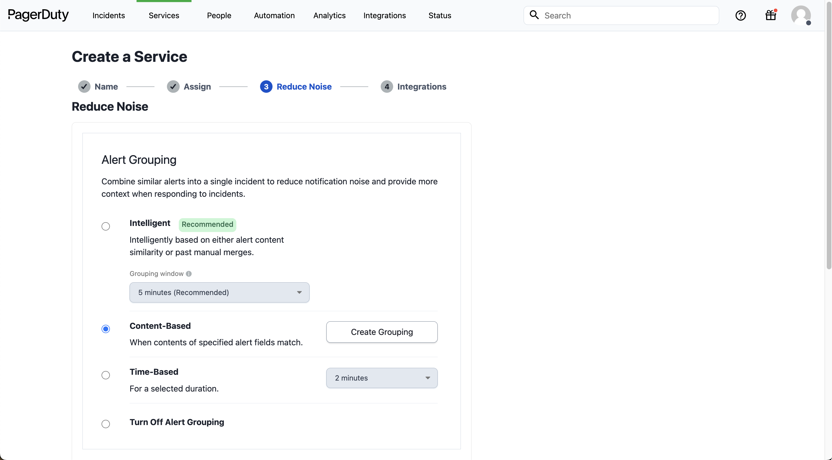 PagerDuty Reduce Noise step showing Content-based selection
