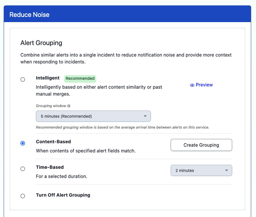 PagerDuty Reduce Noise options showing Content-based selected