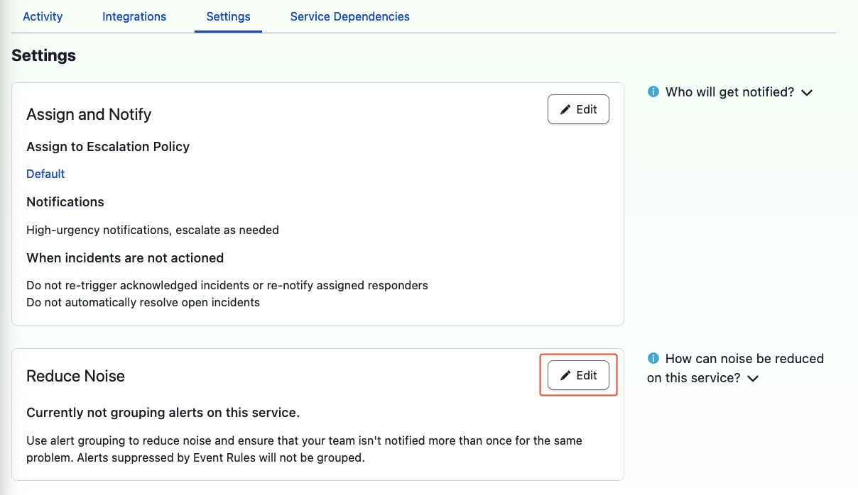 PagerDuty service Settings tab with Reduce Noise section and Edit button