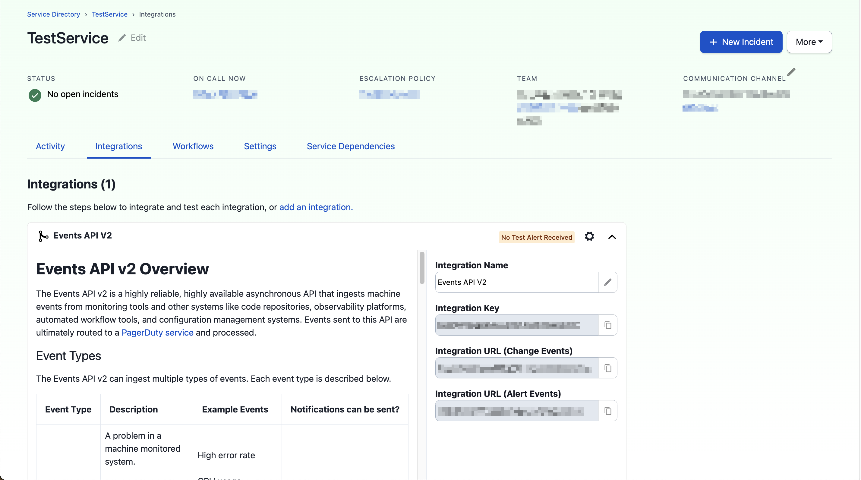 PagerDuty service Integrations tab showing the generated Integration key