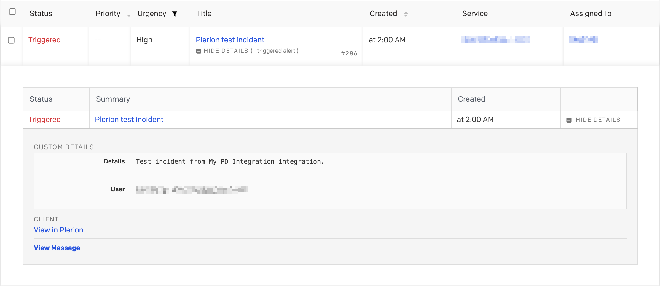 PagerDuty incident detail page displaying a test incident created from Plerion