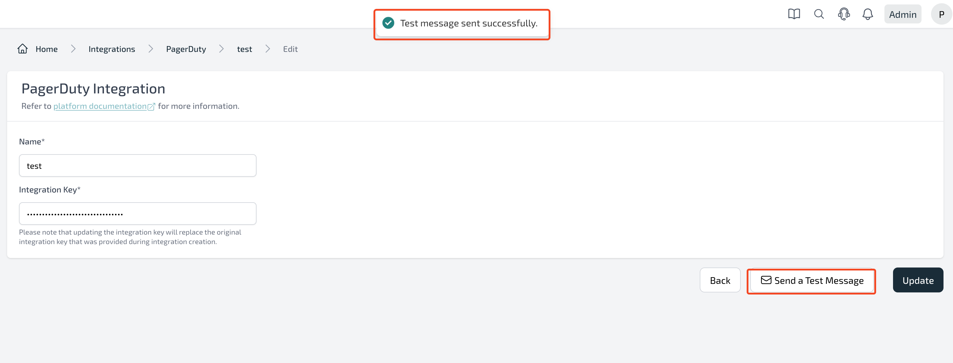Plerion Connect PagerDuty page showing fields for Integration name, Integration key, Severity level, and a Send test message button