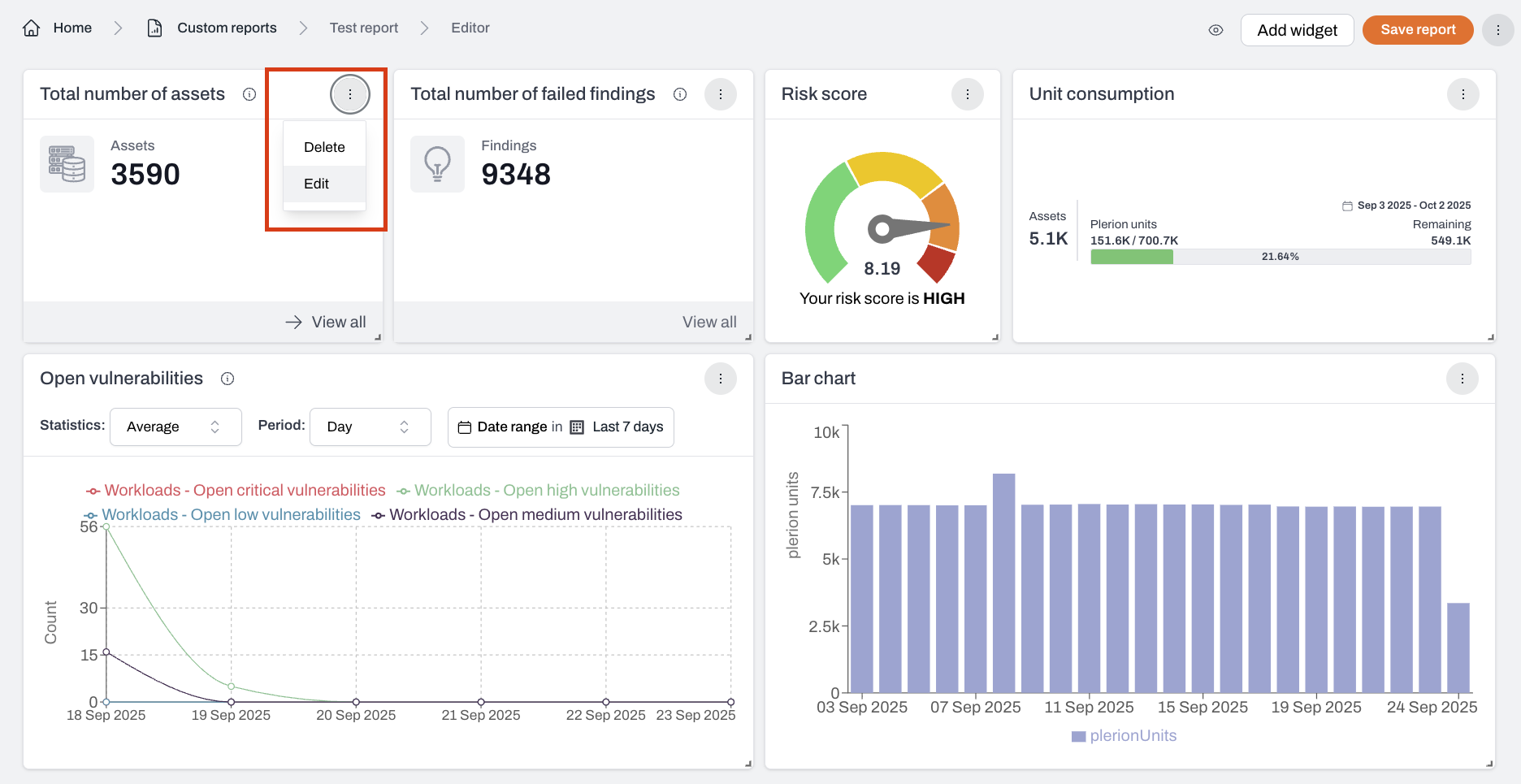 Editing a widget in custom reports using the kebab menu