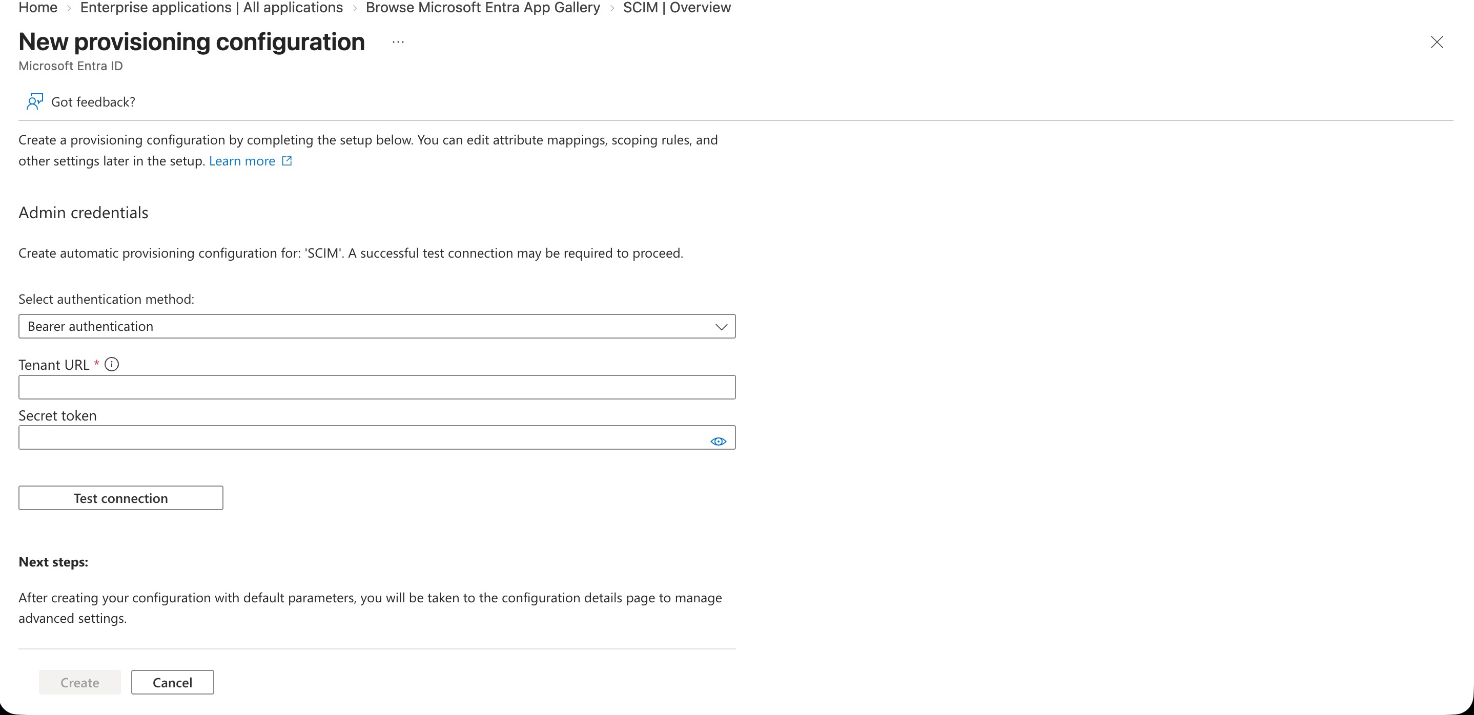 Entra ID new provisioning configuration with bearer authentication, tenant URL, and secret token