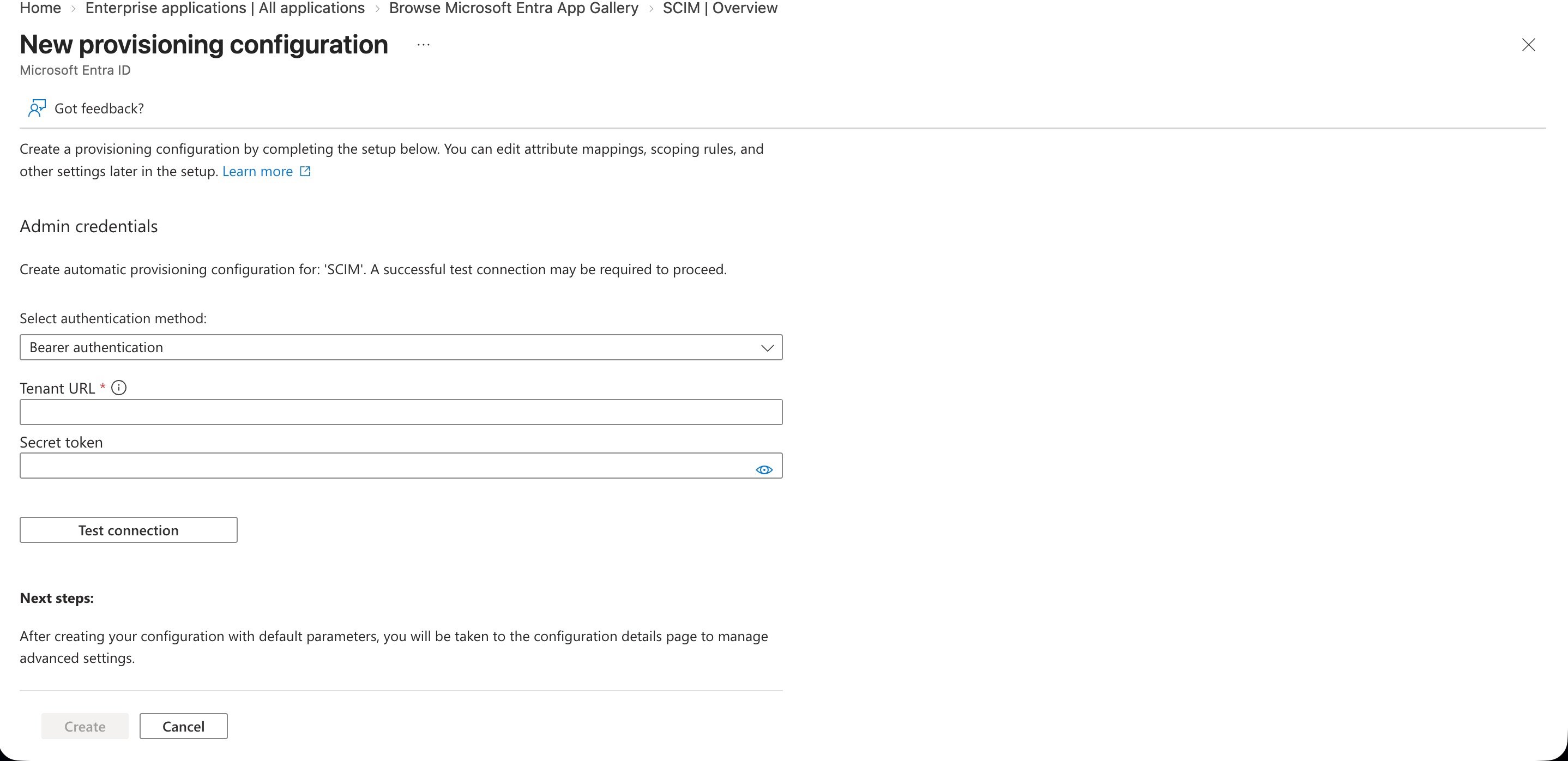 Entra ID new provisioning configuration with bearer authentication, tenant URL, and secret token