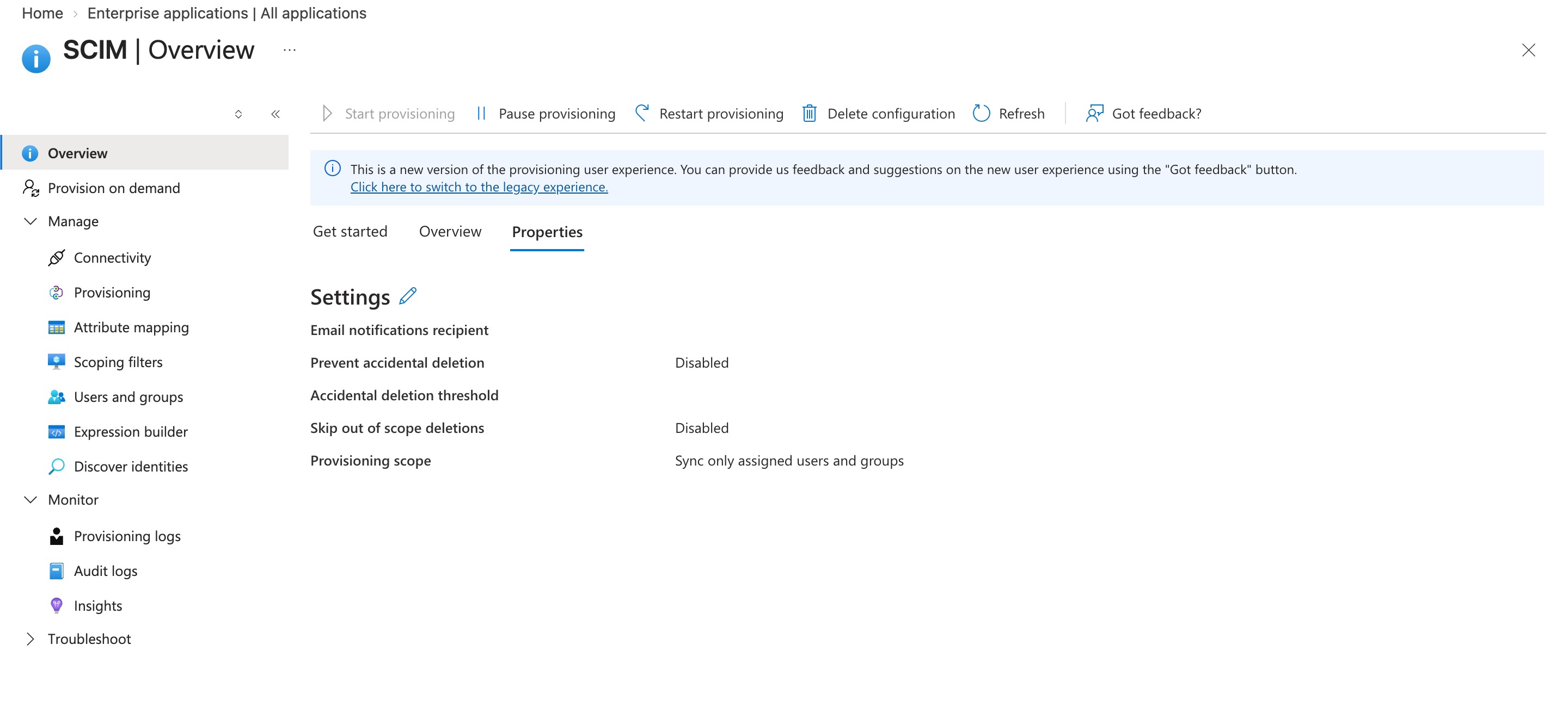 Entra ID provisioning properties with the scope set to assigned users and groups