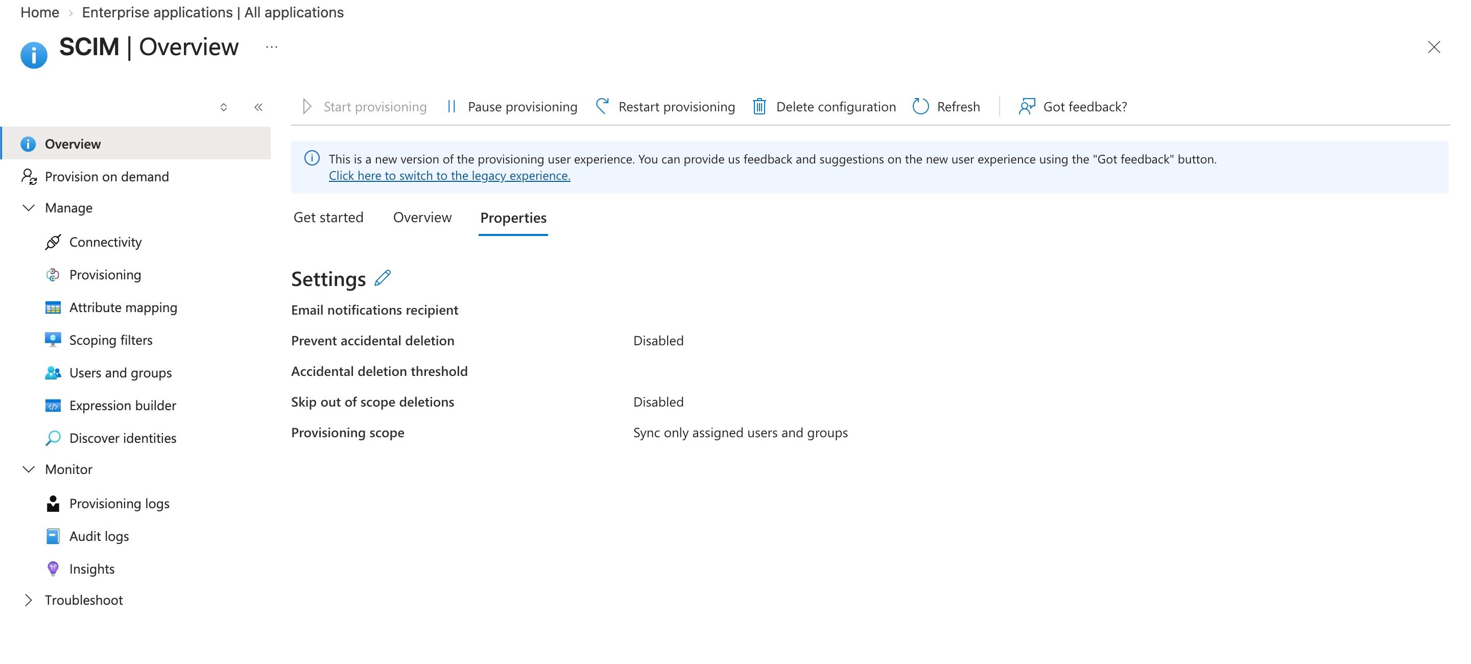 Entra ID provisioning properties with the scope set to assigned users and groups
