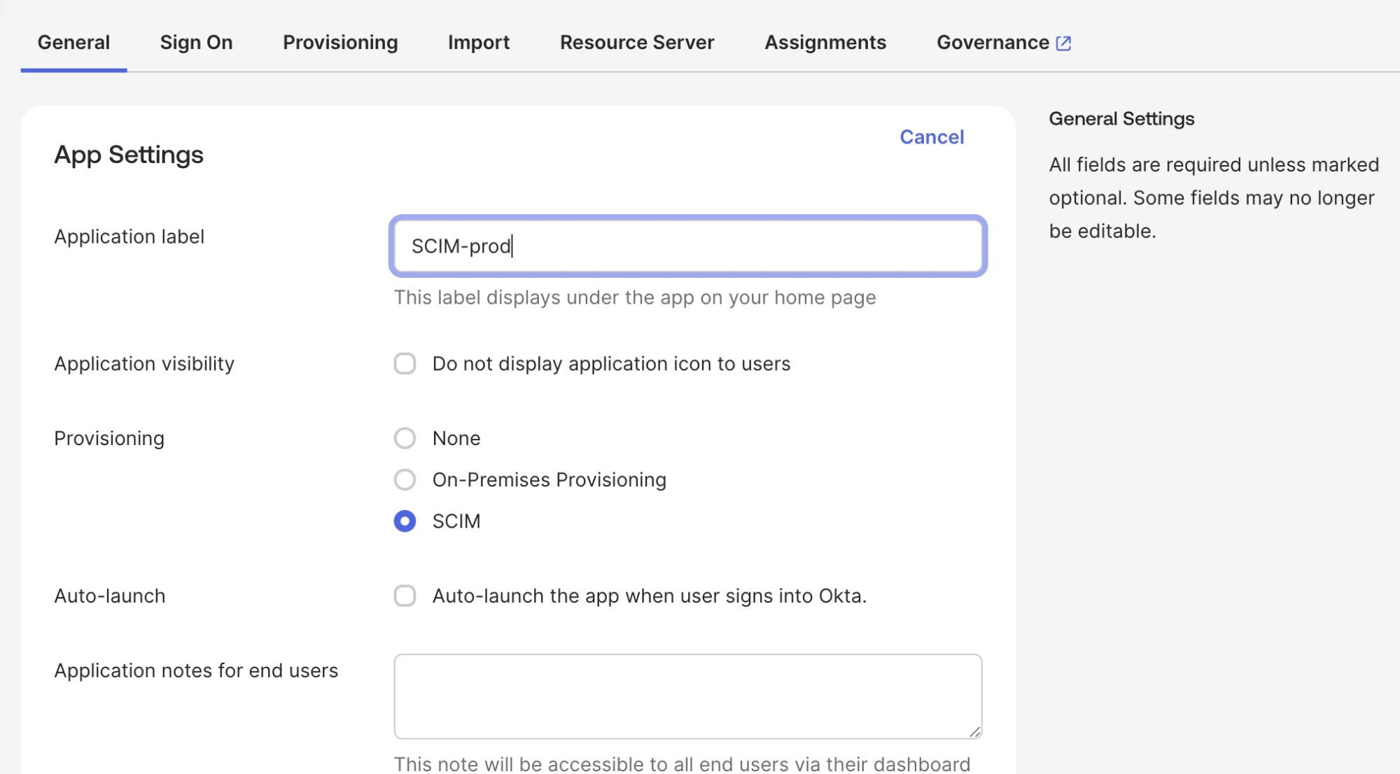 Okta app settings with Provisioning set to SCIM