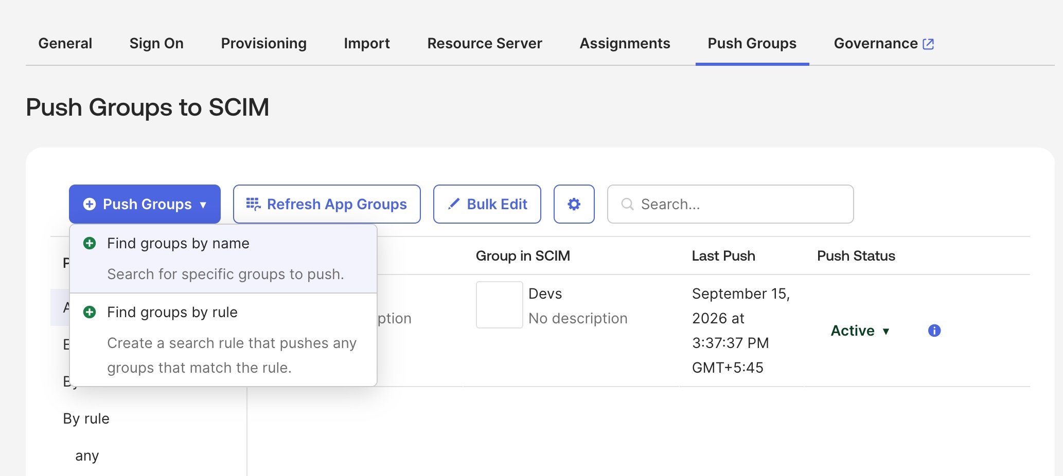 Okta Push Groups tab with the Find groups by rule option