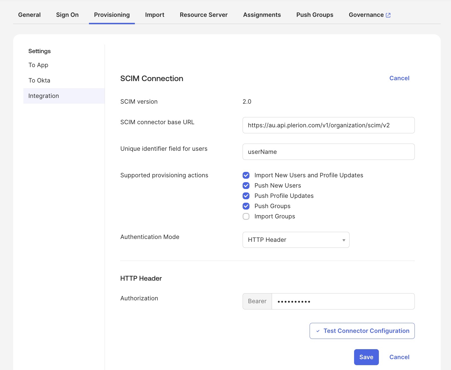 Okta SCIM connection settings with base URL and authentication mode