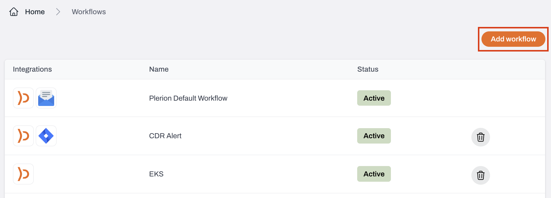 Workflow page with Add workflow button on top